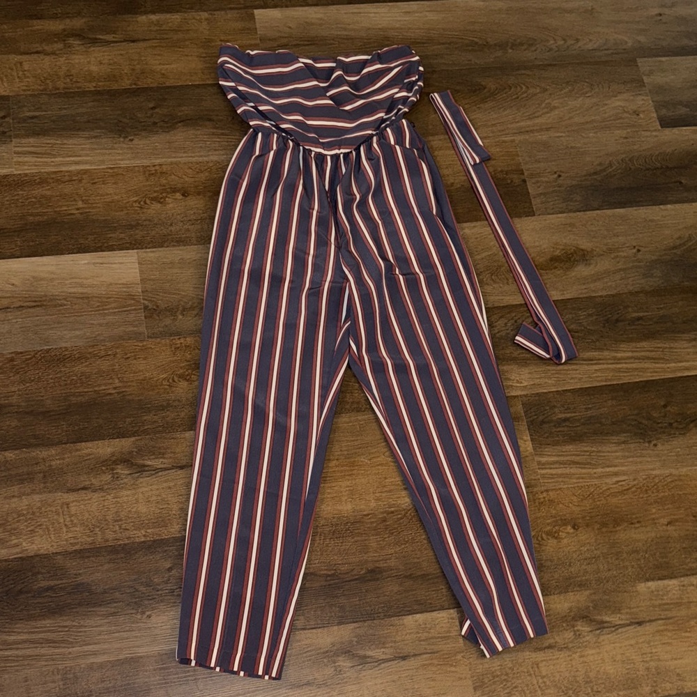 Express Navy and Pink Striped Jumpsuit
